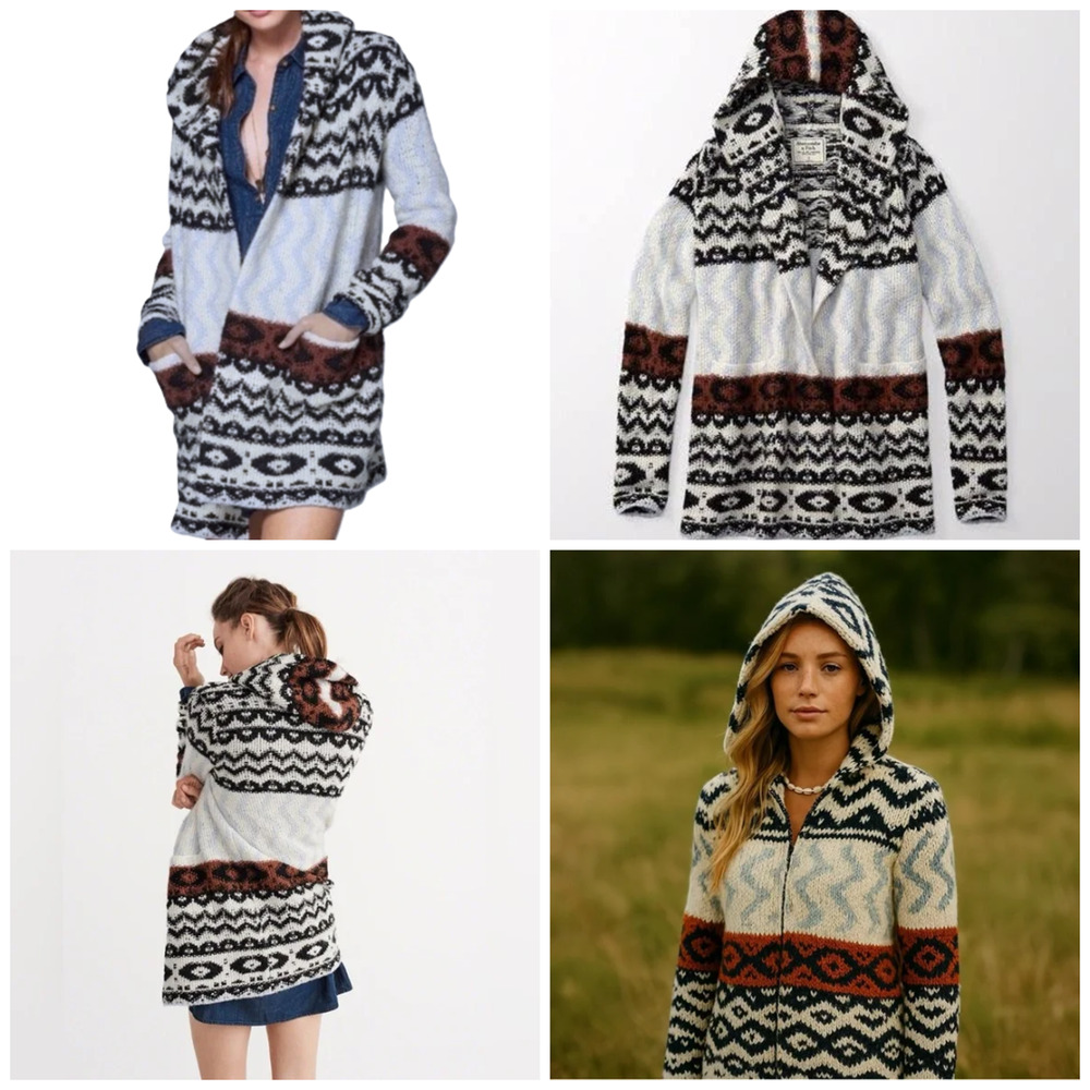 Abercrombie & Fitch Cardigan Sweater XS Open Front Aztec Hooded Alpaca Wool New